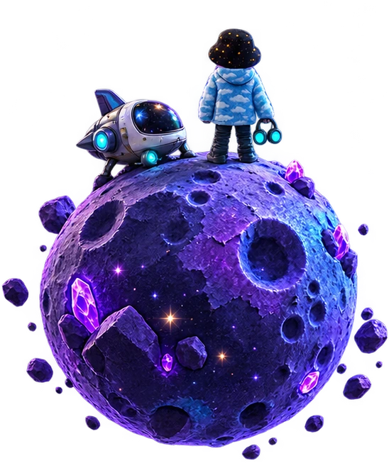 MUMBO and a tiny spaceship on his moon